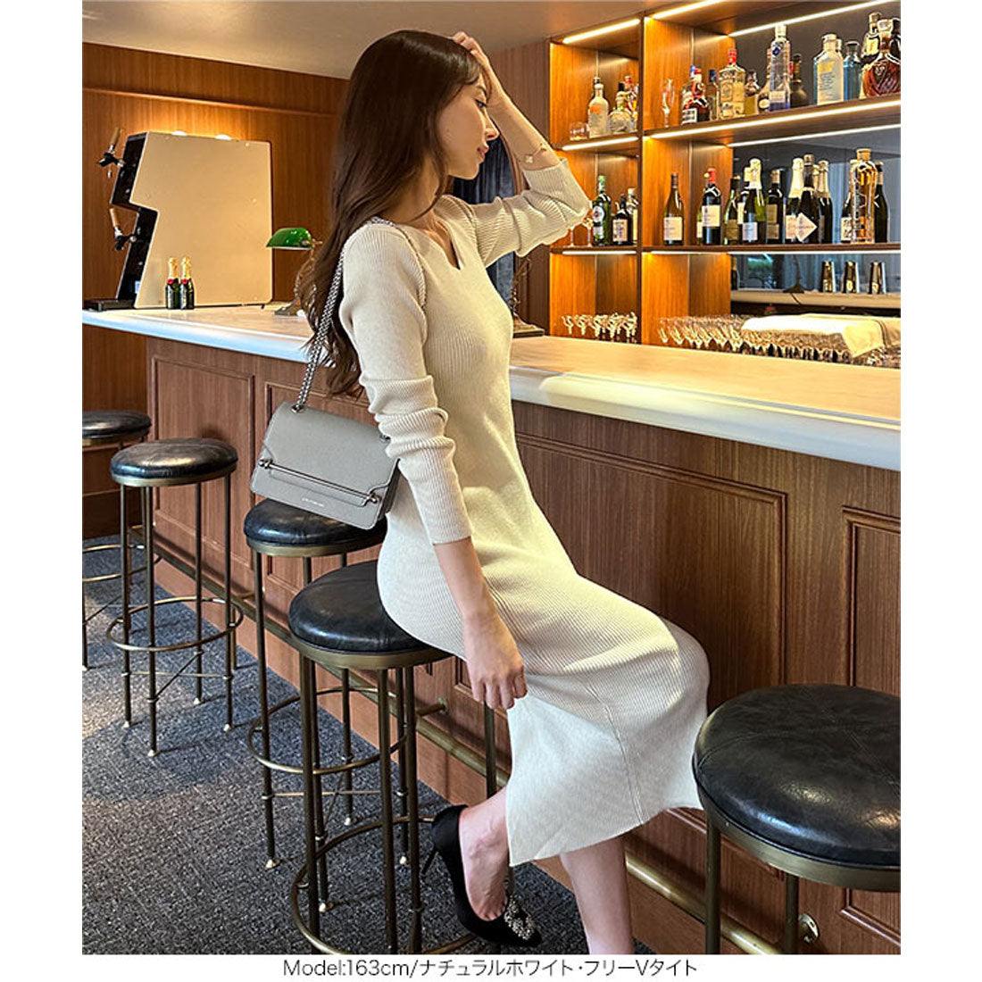 コウベレタス KOBE LETTUCE [ 岡部あゆみさんコラボ ]リブニットロングスリーブワンピース【Vタイト】[選べるネックとタイプ] [E3298] （ナチュラルホワイト） ナチュラルホワイト
