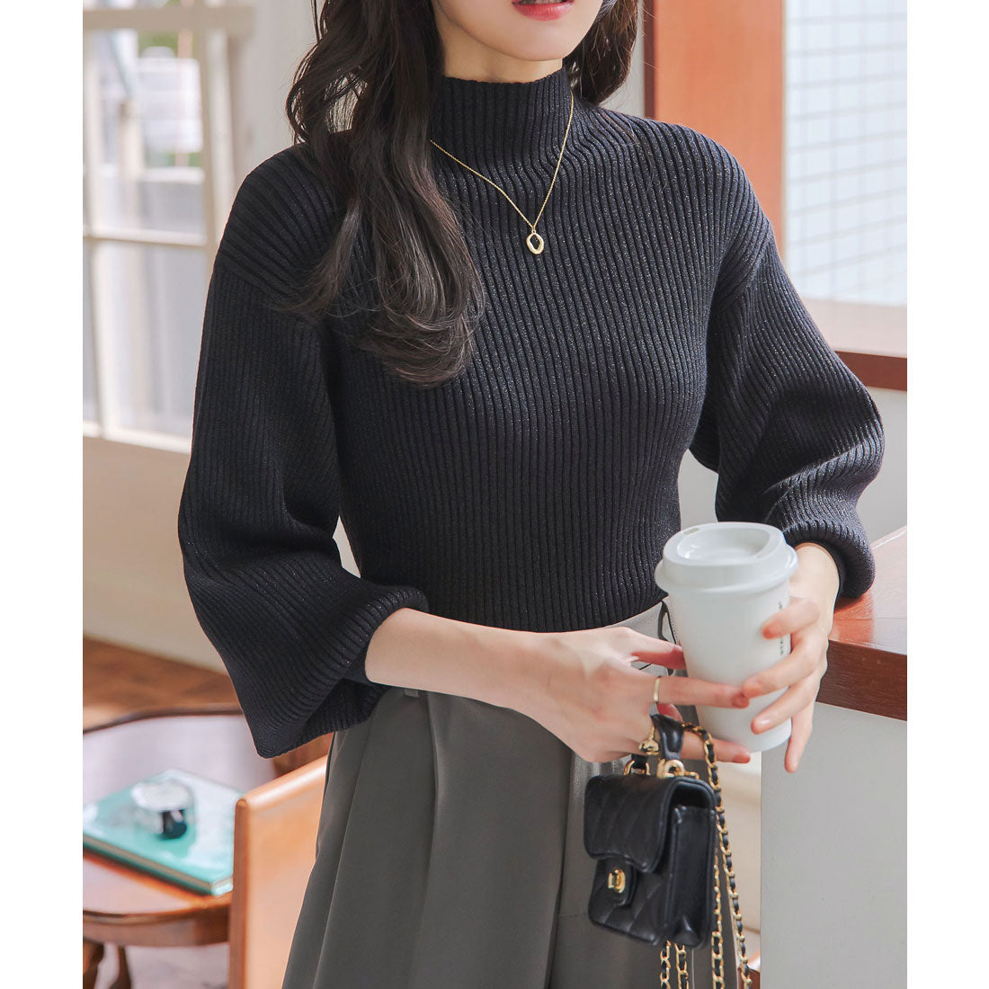 KOBE LETTUCE Volume Sleeve Mock Neck Rib Knit [C6256]