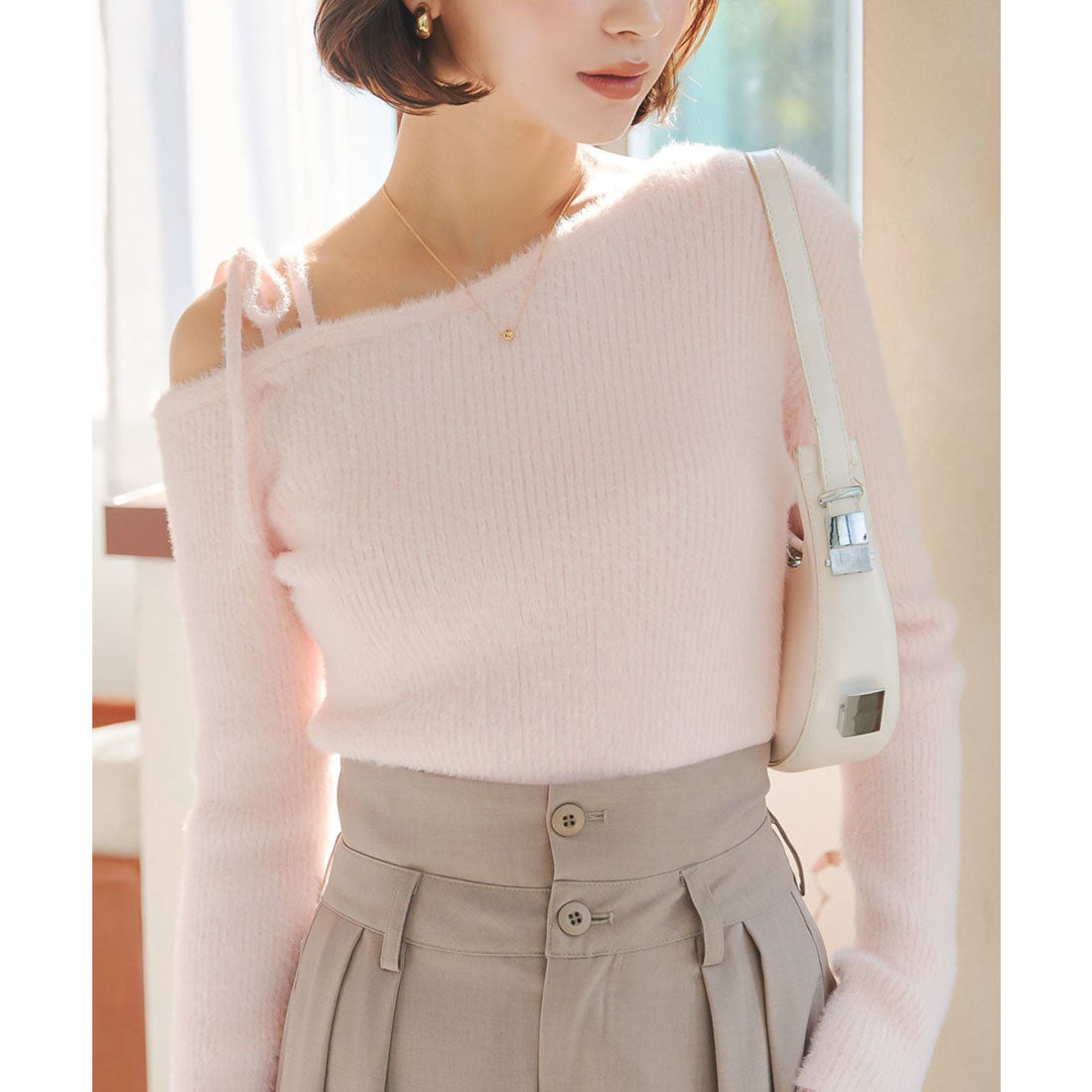 KOBE LETTUCE KOBE LETTUCE One-Shoulder Feather Knit Top [N1133]