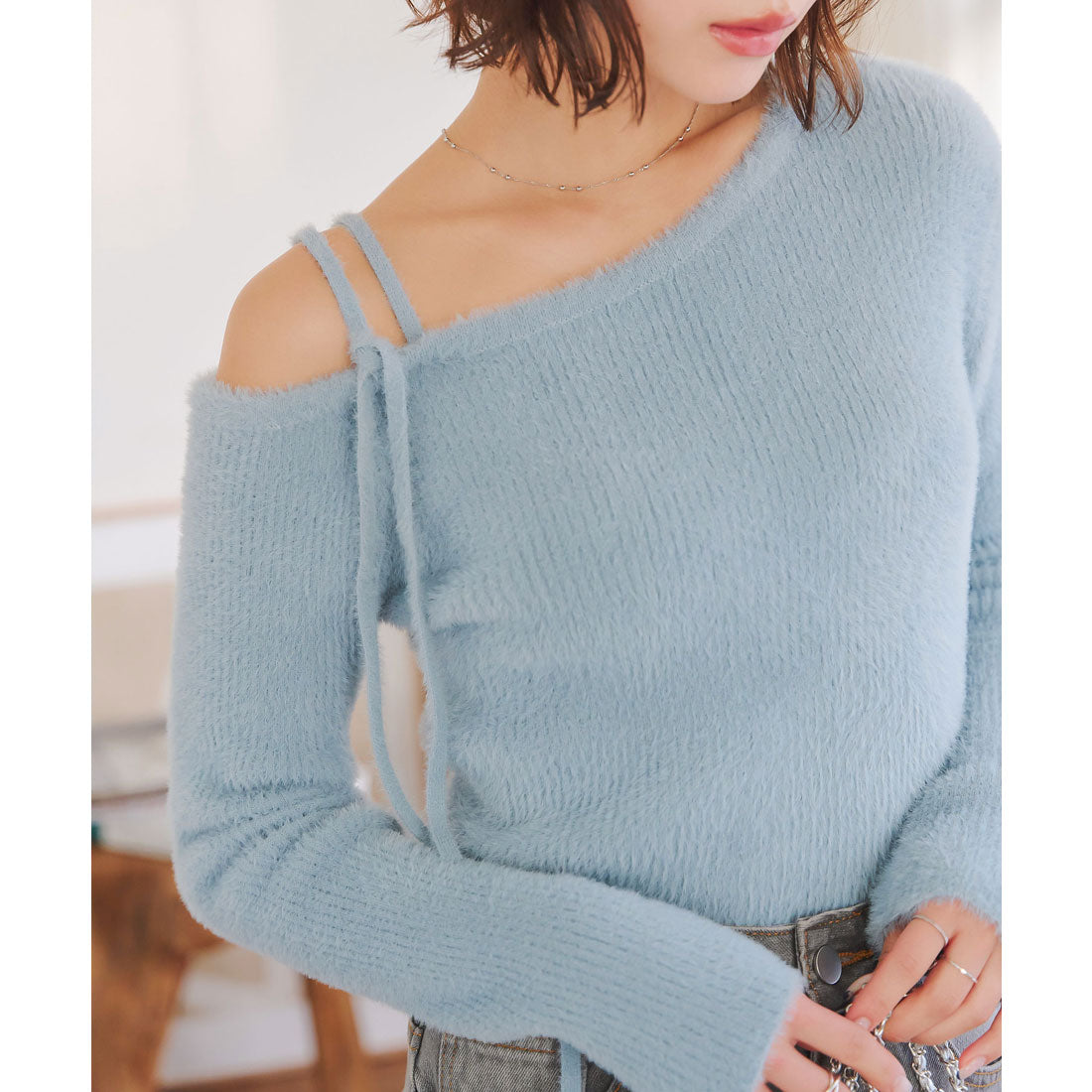 KOBE LETTUCE KOBE LETTUCE One-Shoulder Feather Knit Top [N1133]