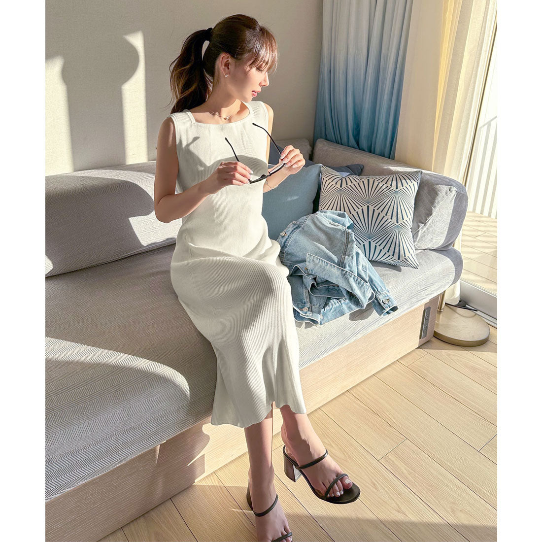 コウベレタス KOBE LETTUCE ［ 岡部あゆみさんコラボ ］リブニットノースリーブワンピース【スクエアタイト】[選べるネックとタイプ] [E3004] （オフホワイト） オフホワイト