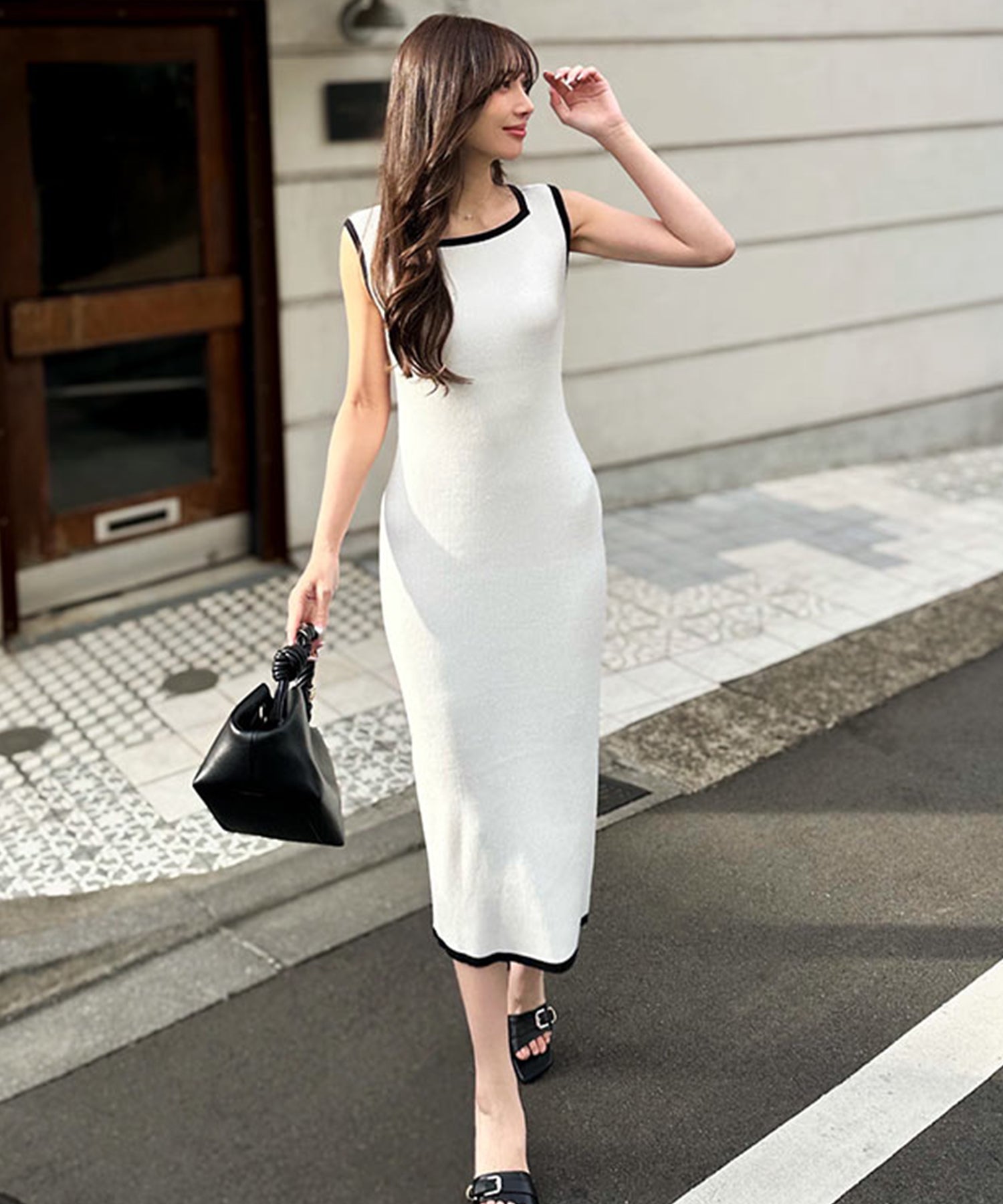コウベレタス KOBE LETTUCE ［ 岡部あゆみさんコラボ ］リブニットノースリーブワンピース【スクエアタイト】[選べるネックとタイプ] [E3004] （オフベース×ブラック） オフベース×ブラック