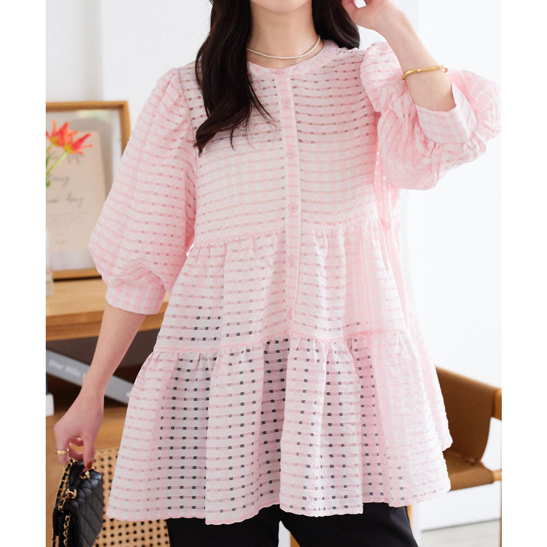 KOBE LETTUCE KOBE LETTUCE Sheer Check Tiered Blouse [C7398]