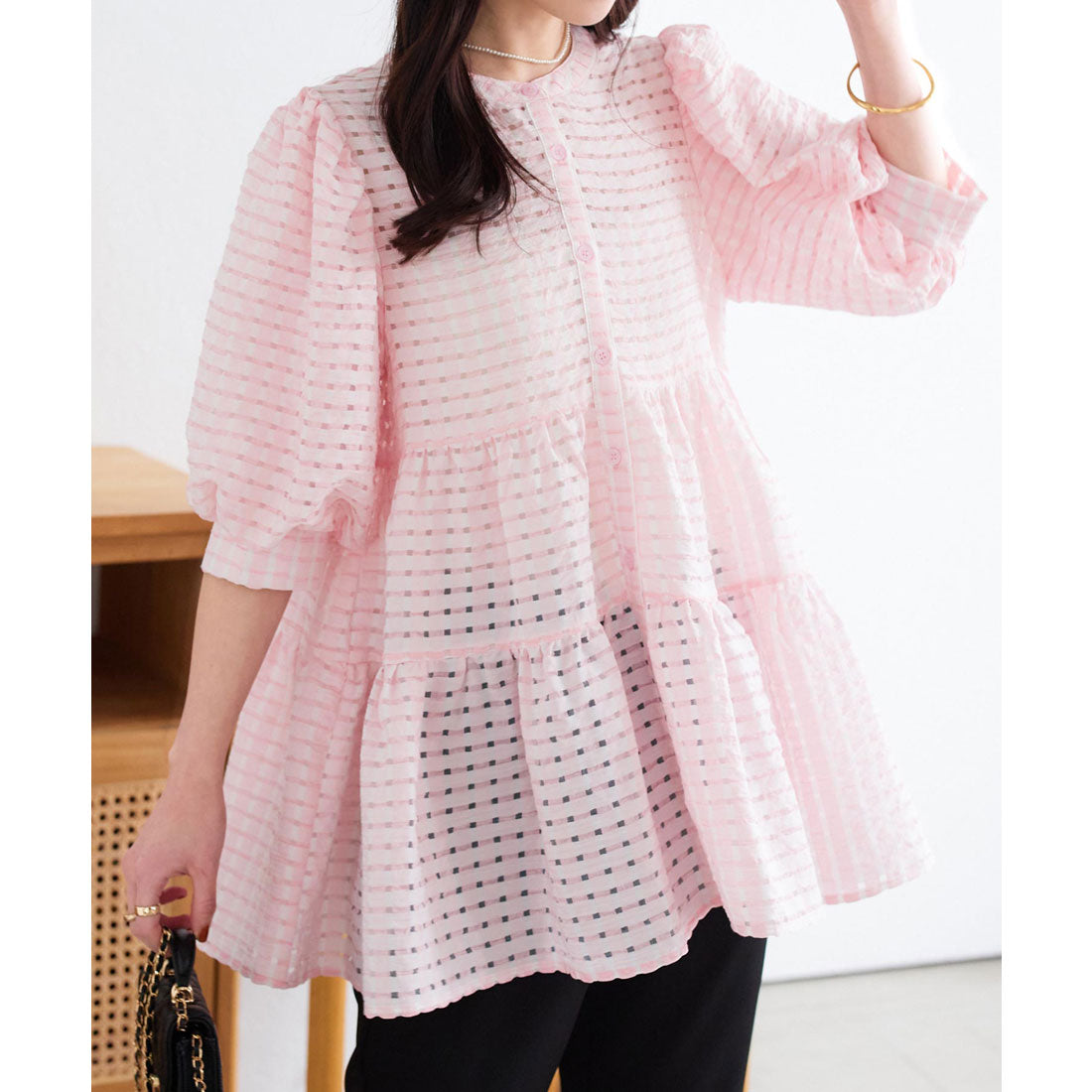 KOBE LETTUCE KOBE LETTUCE Sheer Check Tiered Blouse [C7398]