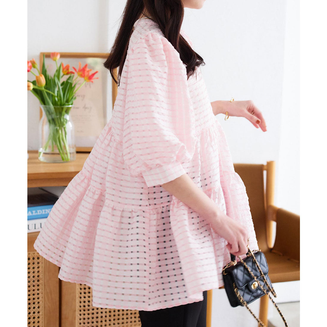 KOBE LETTUCE KOBE LETTUCE Sheer Check Tiered Blouse [C7398]