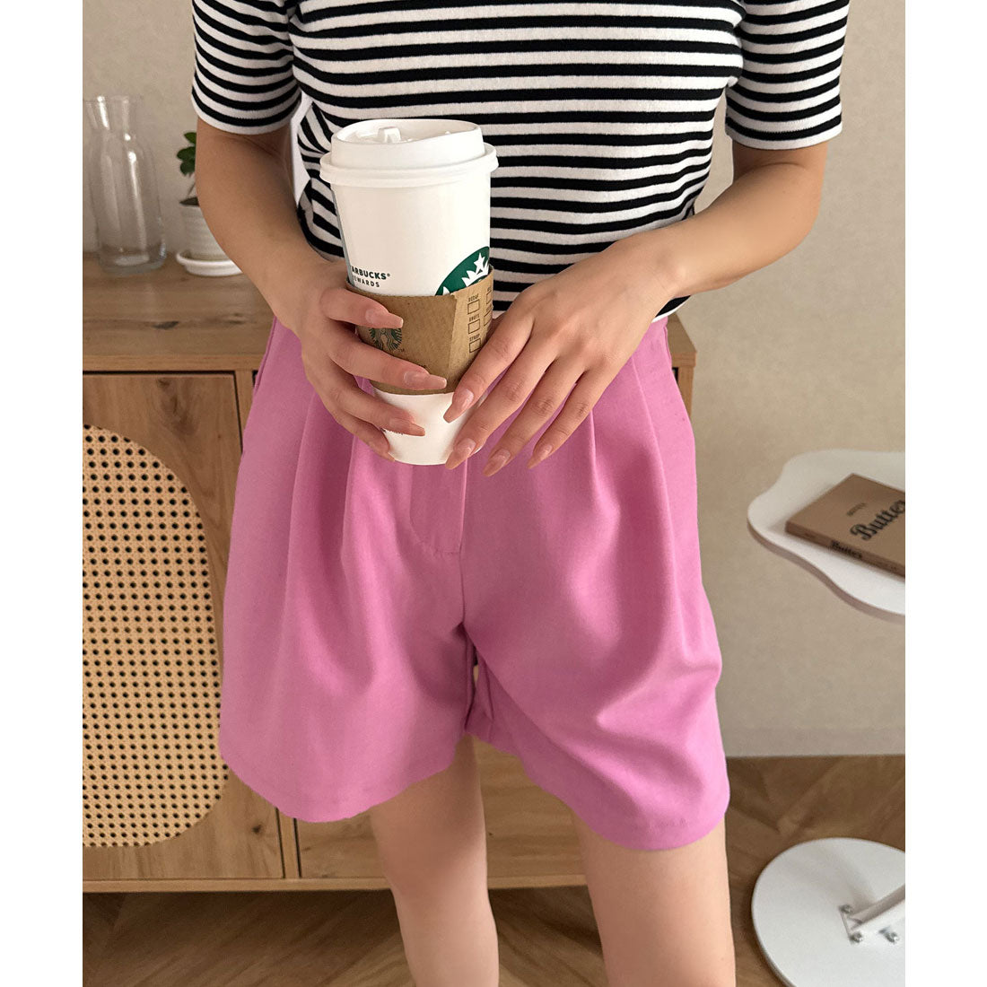 コウベレタス KOBE LETTUCE [ 春名亜美さんコラボ ]リネンライクタックパンツ【ショート丈】[選べる3丈] [M4154] （ピンク） ピンク
