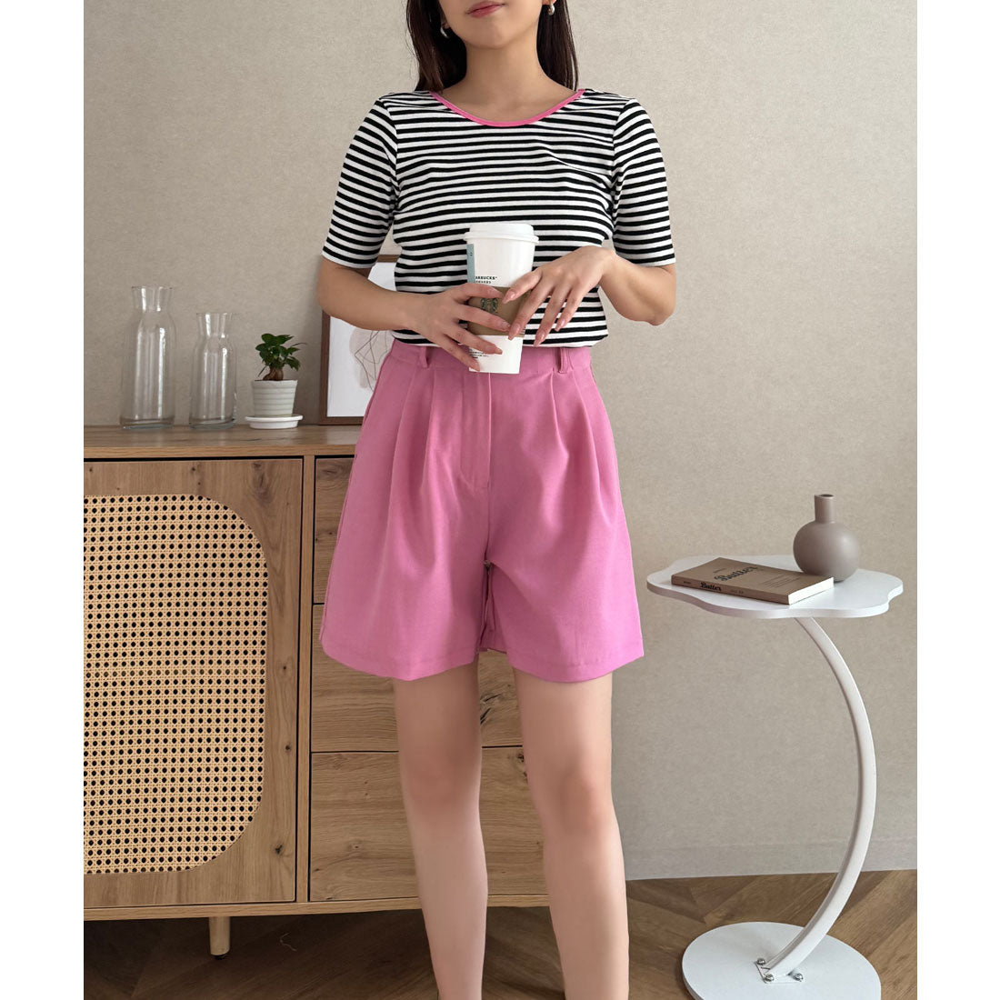 コウベレタス KOBE LETTUCE [ 春名亜美さんコラボ ]リネンライクタックパンツ【ショート丈】[選べる3丈] [M4154] （ピンク） ピンク