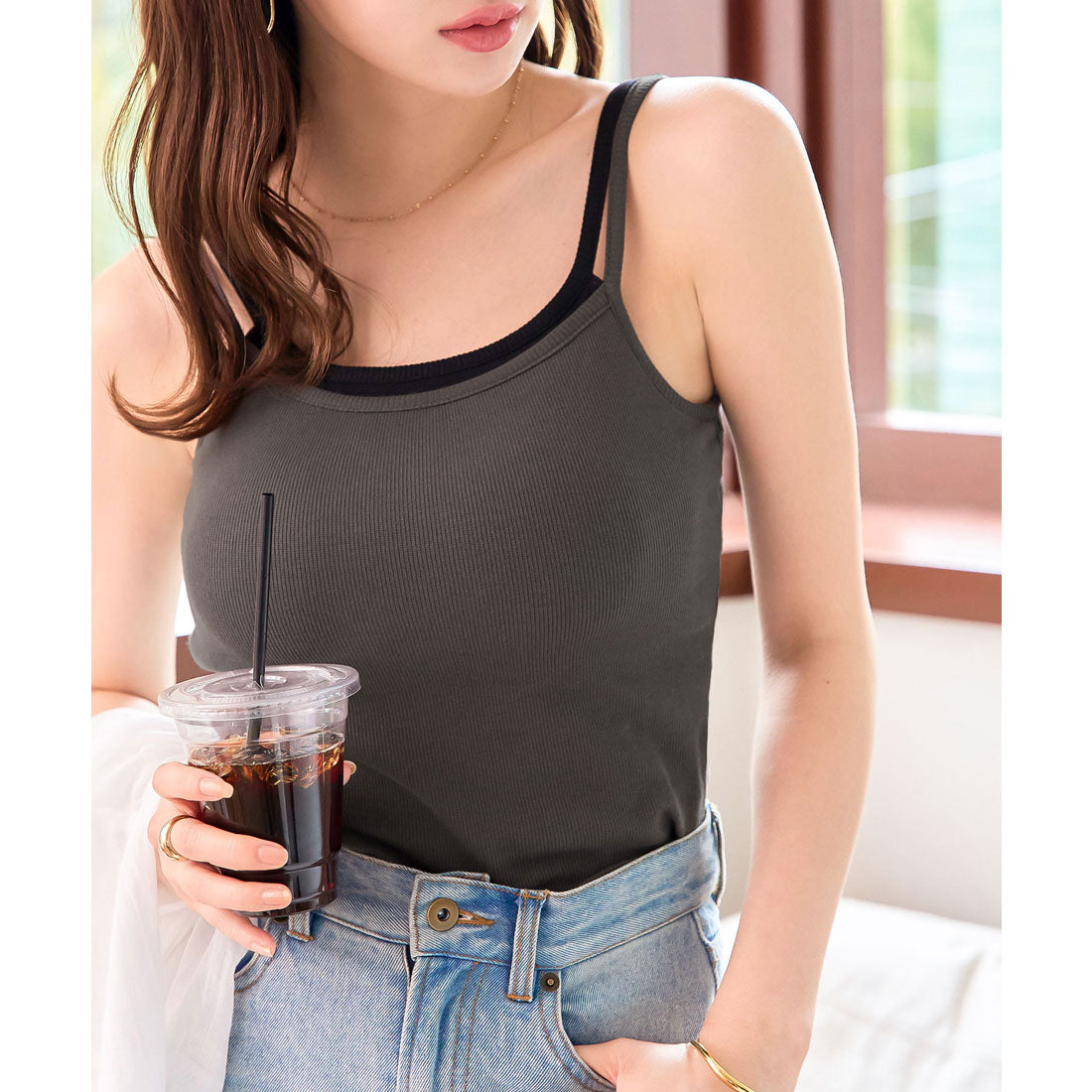 コウベレタス KOBE LETTUCE レイヤード風カップ付きキャミソール [C7475] （チャコール×ブラック） チャコール×ブラック