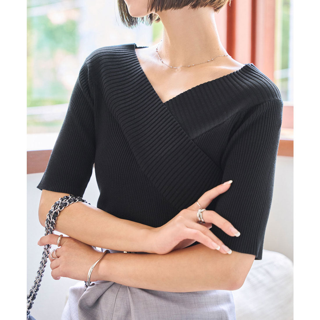 コウベレタス KOBE LETTUCE カシュクールVネック半袖ニットトップス [N1195] （ブラック） ブラック