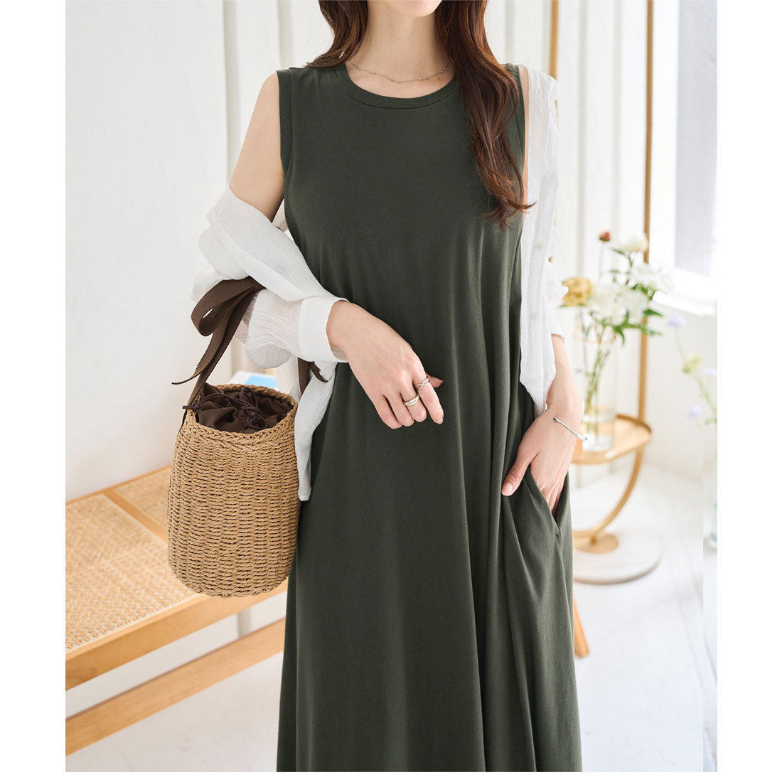 コウベレタス KOBE LETTUCE [ M L 汗じみ防止＆UVカット ] カップ付きノースリーブワンピース [E3519] （ダークカーキ） ダークカーキ