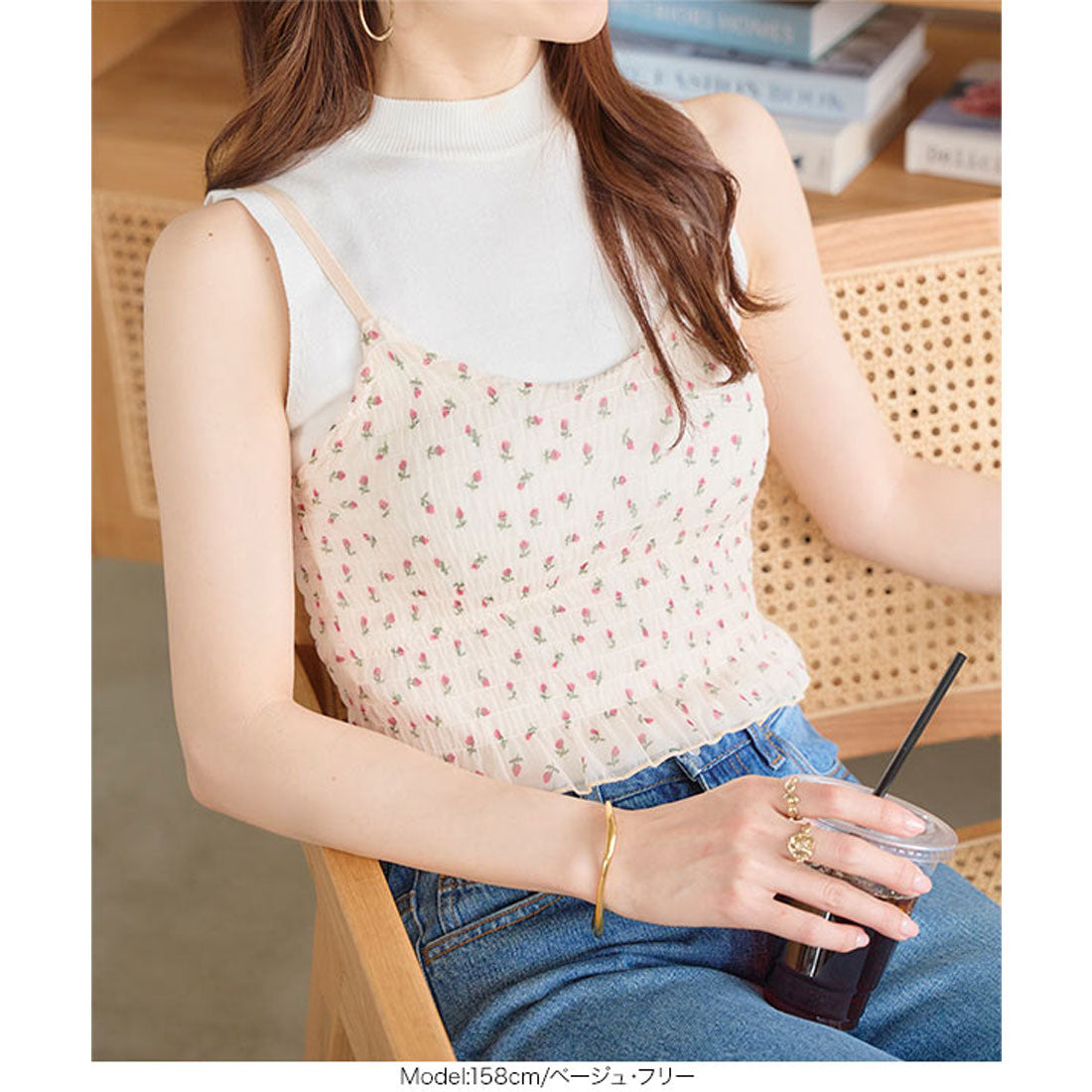 コウベレタス KOBE LETTUCE カップ付き小花柄シャーリングキャミ [C7527] （ブラック） ブラック