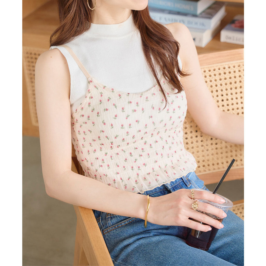 コウベレタス KOBE LETTUCE カップ付き小花柄シャーリングキャミ [C7527] （オフホワイト） オフホワイト