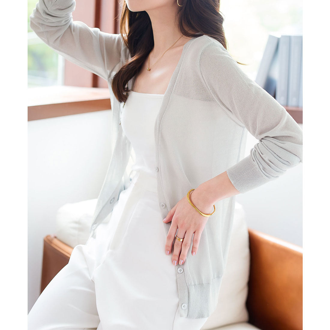 コウベレタス KOBE LETTUCE [ M L XL 接触冷感 ] ベーシックシアーニットカーディガン【Vネック】 [N1189] （ライトグレー） ライトグレー