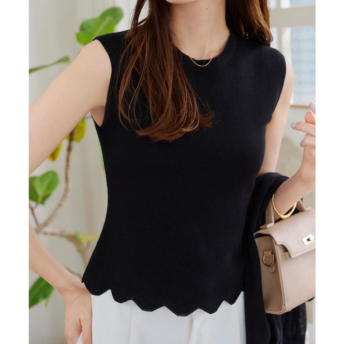 コウベレタス KOBE LETTUCE [ M L 接触冷感 ] スカラップノースリーブニット [C7568] （ブラック） ブラック
