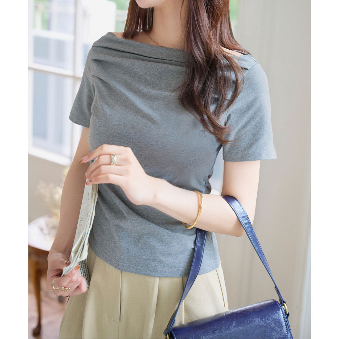 コウベレタス KOBE LETTUCE タックデザインオフショルダーTシャツ [C7591] （グレー） グレー