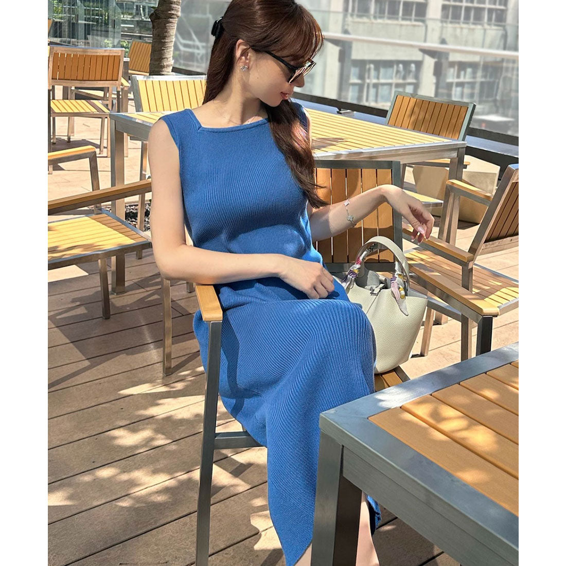 コウベレタス KOBE LETTUCE ［ 岡部あゆみさんコラボ ］リブニットノースリーブワンピース【スクエアタイト】[選べるネックとタイプ ] [E3004] （ライトブルー） ライトブルー