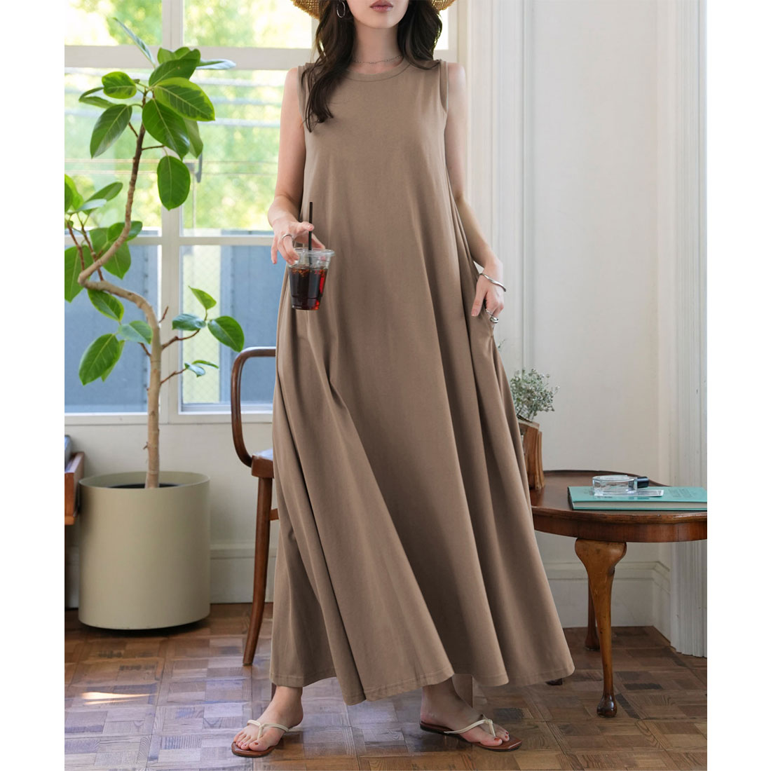 コウベレタス KOBE LETTUCE [ M L 汗じみ防止＆UVカット ] カップ付きノースリーブワンピース [E3519] （カフェモカ） カフェモカ