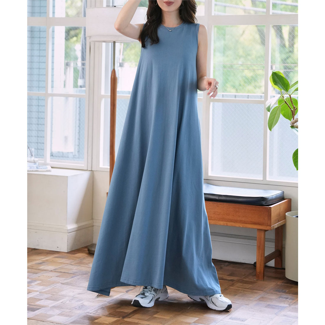 コウベレタス KOBE LETTUCE [ M L 汗じみ防止＆UVカット ] カップ付きノースリーブワンピース [E3519] （スモーキーブルー） スモーキーブルー