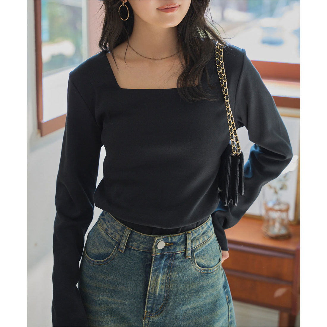 コウベレタス KOBE LETTUCE 深開きスクエア Uネック 長袖Tシャツ【スクエアネック】[ M L XL 選べるタイプ ]  [C7665] （ブラック） ブラック