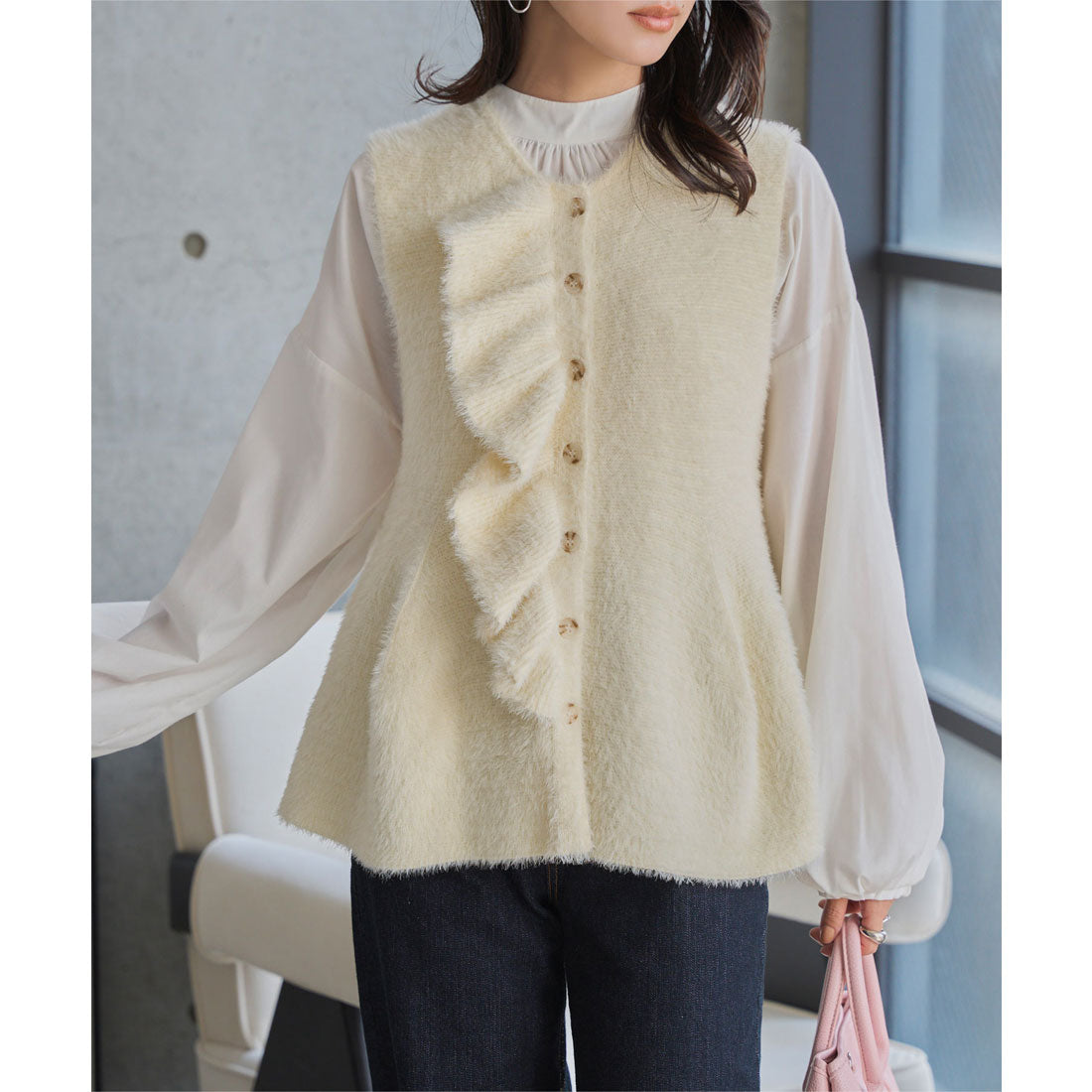 コウベレタス KOBE LETTUCE ふわふわシャギーペプラムベスト [N1226] （アイボリー） アイボリー