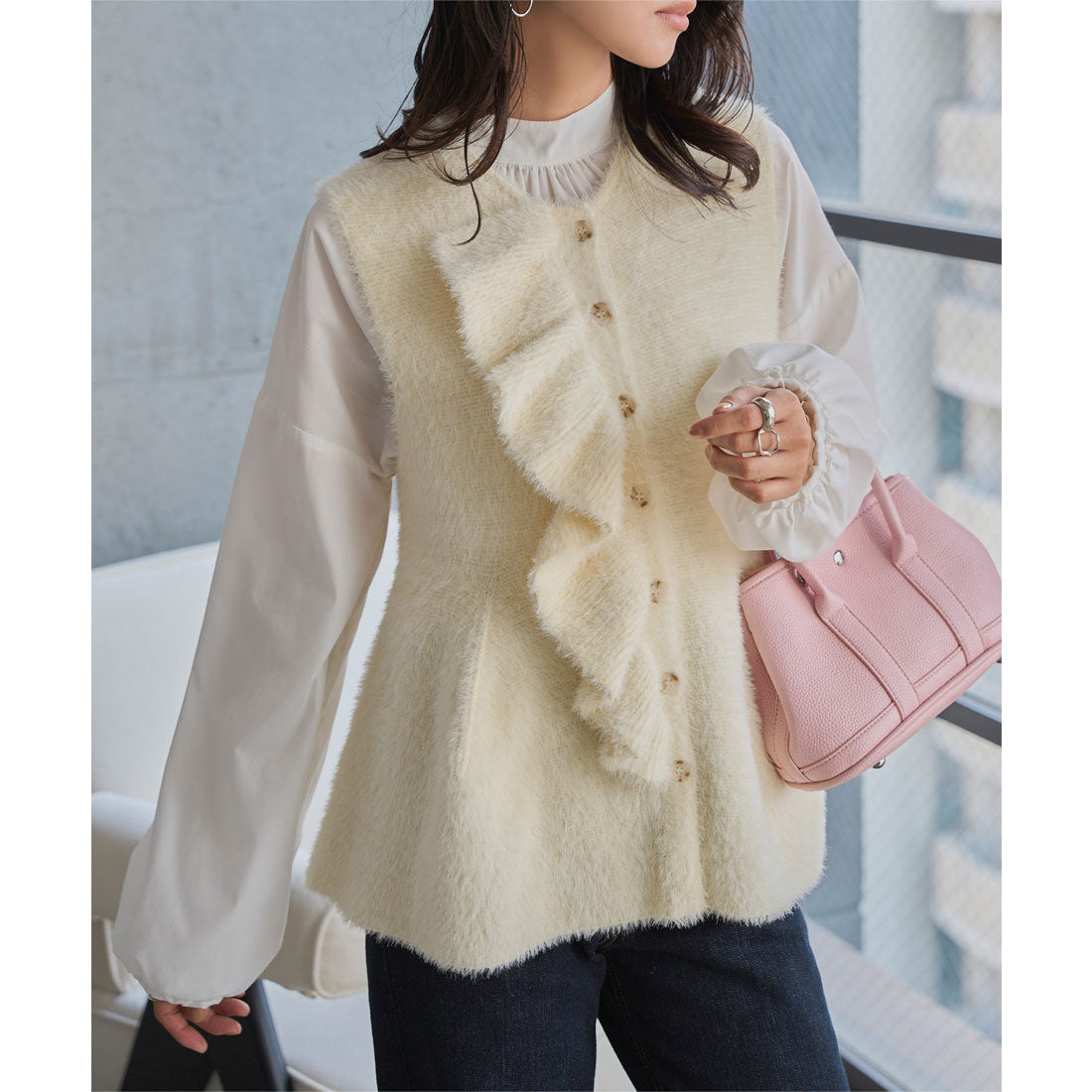 コウベレタス KOBE LETTUCE ふわふわシャギーペプラムベスト [N1226] （アイボリー） アイボリー