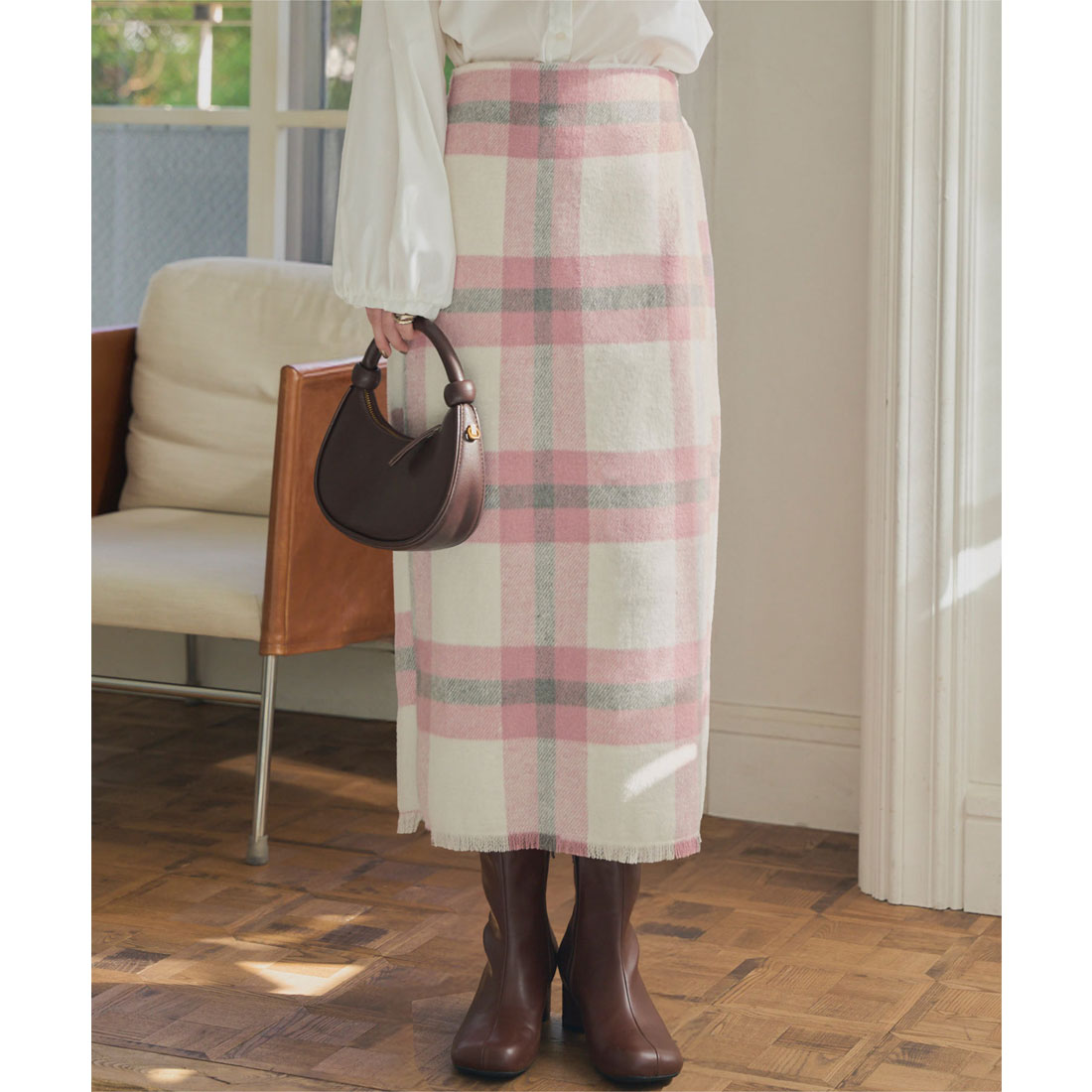 コウベレタス KOBE LETTUCE シャギーチェックツイードタイトスカート [M4250] （ピンク） ピンク