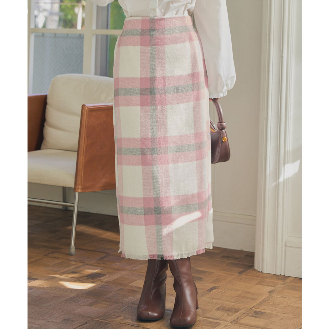 コウベレタス KOBE LETTUCE シャギーチェックツイードタイトスカート [M4250] （ピンク） ピンク