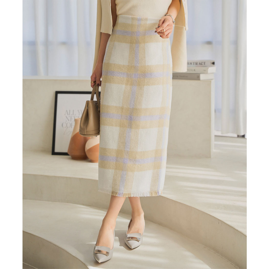 コウベレタス KOBE LETTUCE シャギーチェックツイードタイトスカート [M4250] （ベージュ） ベージュ