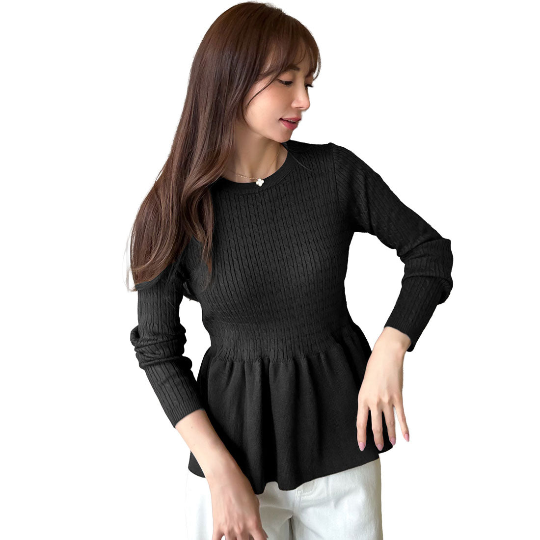 コウベレタス KOBE LETTUCE [ 岡部あゆみさんコラボ ］ペプラムニットトップス【ケーブル】[選べる2タイプ] [N1204] （ブラック） ブラック