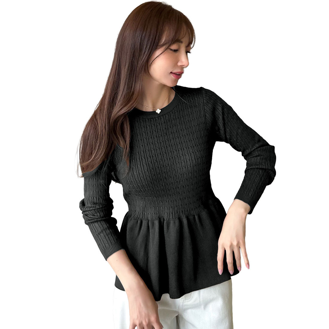 コウベレタス KOBE LETTUCE [ 岡部あゆみさんコラボ ］ペプラムニットトップス【ケーブル】[選べる2タイプ] [N1204] （チャコール） チャコール