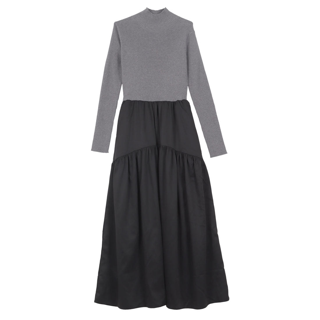 コウベレタス KOBE LETTUCE [ 田中亜希子さんコラボ ] 異素材ドッキングワンピース【プチハイネック】[選べるネック] [E3497] （グレー×ブラック） グレー×ブラック