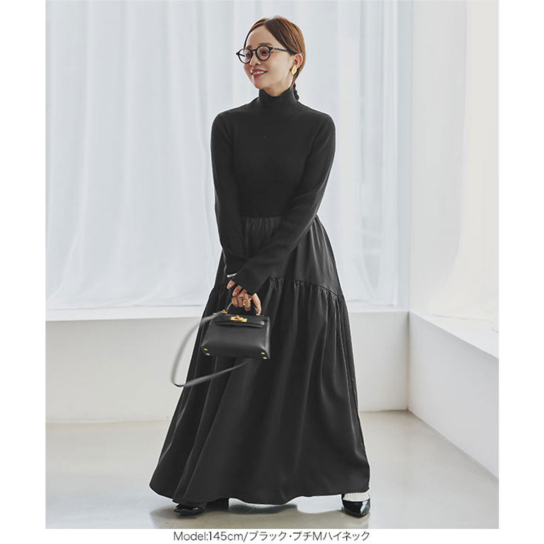 コウベレタス KOBE LETTUCE [ 田中亜希子さんコラボ ] 異素材ドッキングワンピース【プチハイネック】[選べるネック] [E3497] （グレー×ブラック） グレー×ブラック