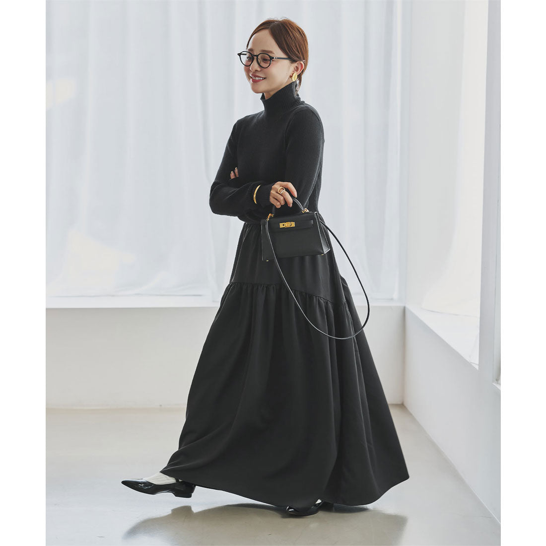 コウベレタス KOBE LETTUCE [ 田中亜希子さんコラボ ] 異素材ドッキングワンピース【プチハイネック】[選べるネック] [E3497] （ブラック） ブラック