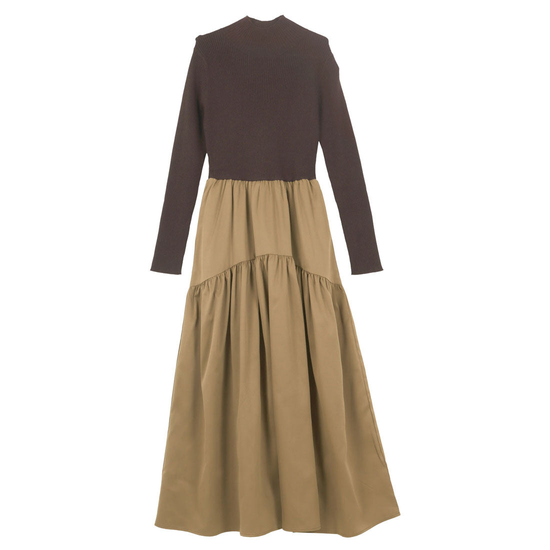 コウベレタス KOBE LETTUCE [ 田中亜希子さんコラボ ] 異素材ドッキングワンピース【プチハイネック】[選べるネック] [E3497] （ブラウン×カーキ） ブラウン×カーキ