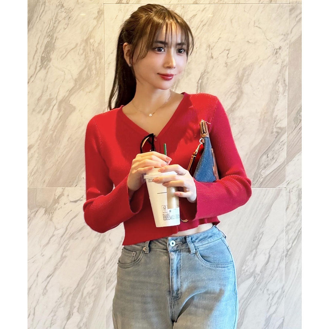 コウベレタス KOBE LETTUCE [ 岡部あゆみさんコラボ ] フレアスリーブリブニットカーディガン【Vネック】[選べる2タイプ] [C6779] （レッド） レッド