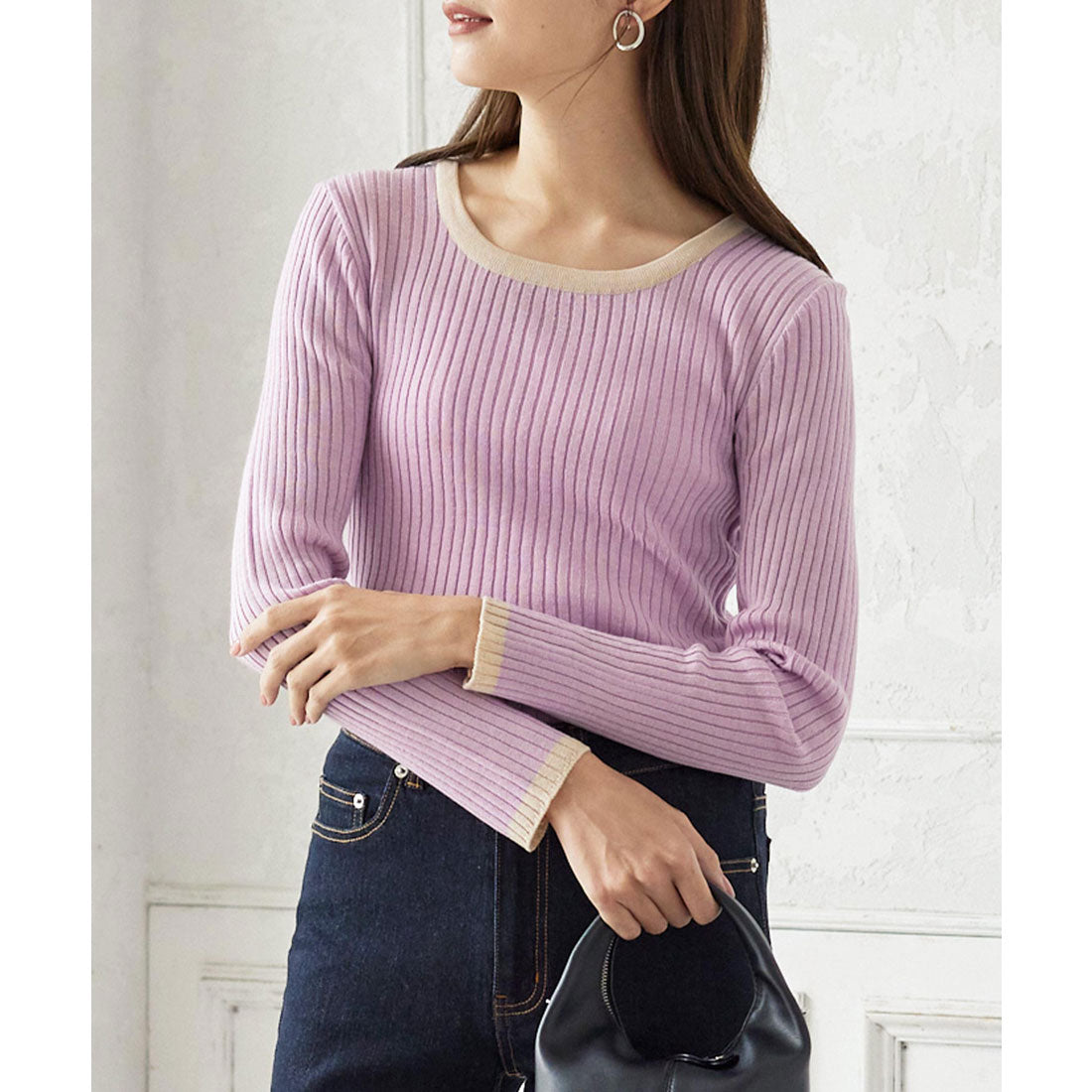 コウベレタス KOBE LETTUCE 配色パイピング風ニット [C5948] （ラベンダー） ラベンダー