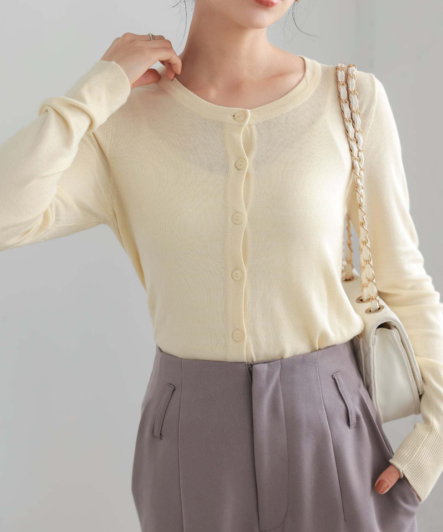 コウベレタス KOBE LETTUCE シルクタッチ&ウォッシャブルプレーンカーディガン【丸首ミディアム丈】 [C1053] （エクリュ） エクリュ