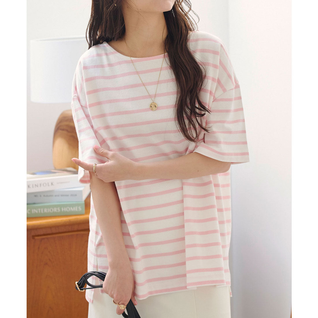 KOBE LETTUCE [100% cotton] Loose-fitting short-sleeved striped simple cut tunic [Normal] [C4631]