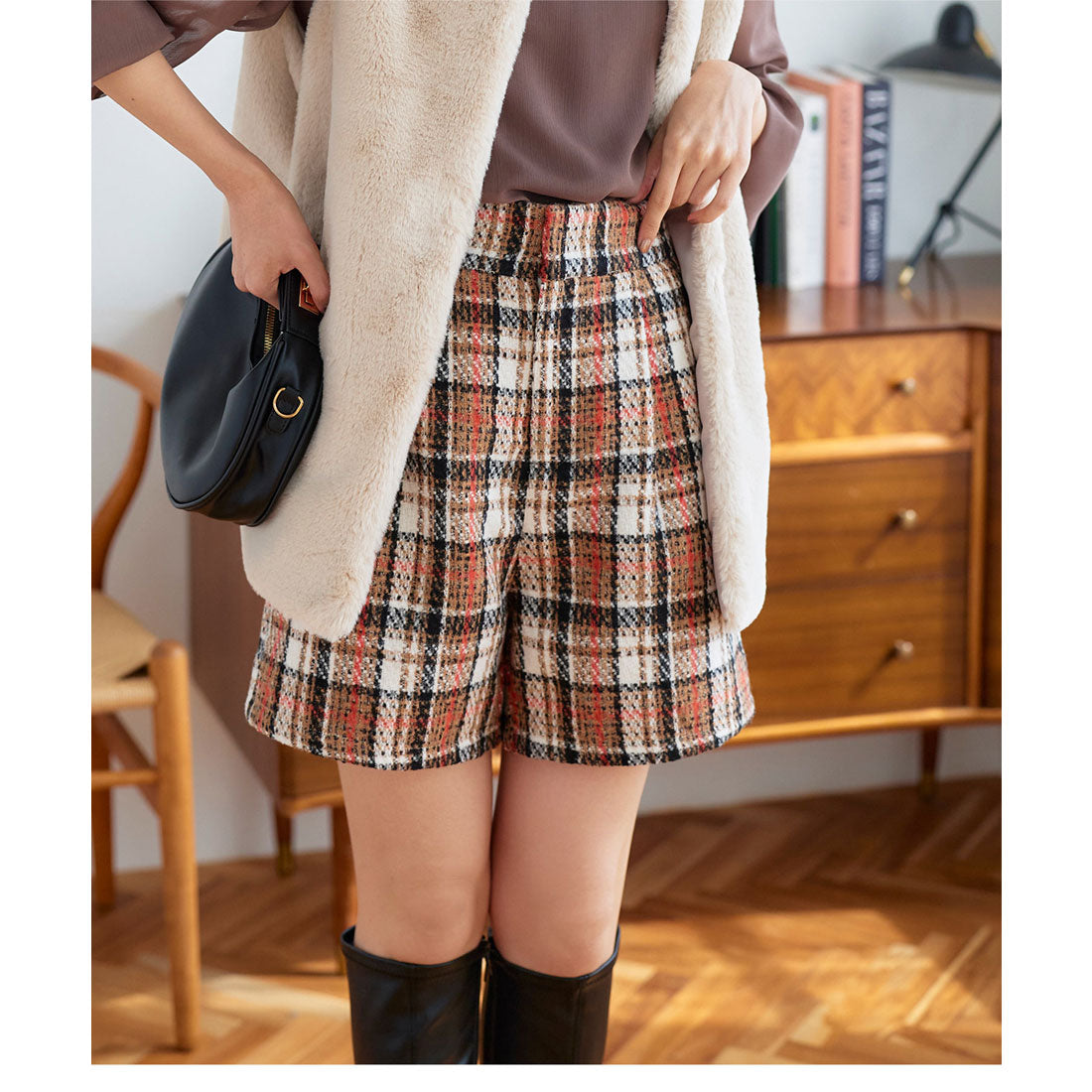 コウベレタス KOBE LETTUCE チェック柄ハイウエストショートパンツ [M3970] （アイボリー×ブラウン） アイボリー×ブラウン