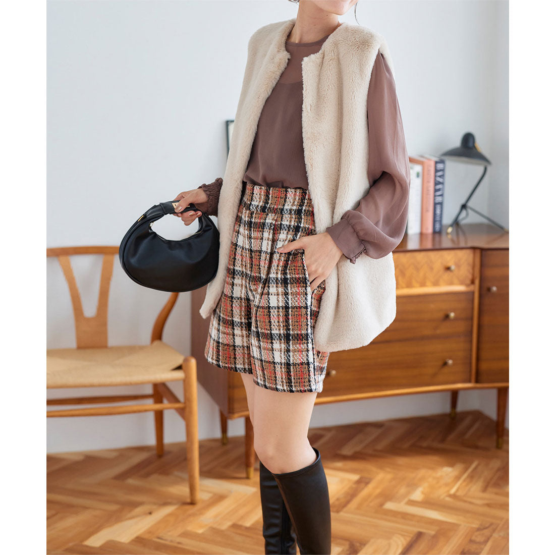 コウベレタス KOBE LETTUCE チェック柄ハイウエストショートパンツ [M3970] （アイボリー×ブラウン） アイボリー×ブラウン