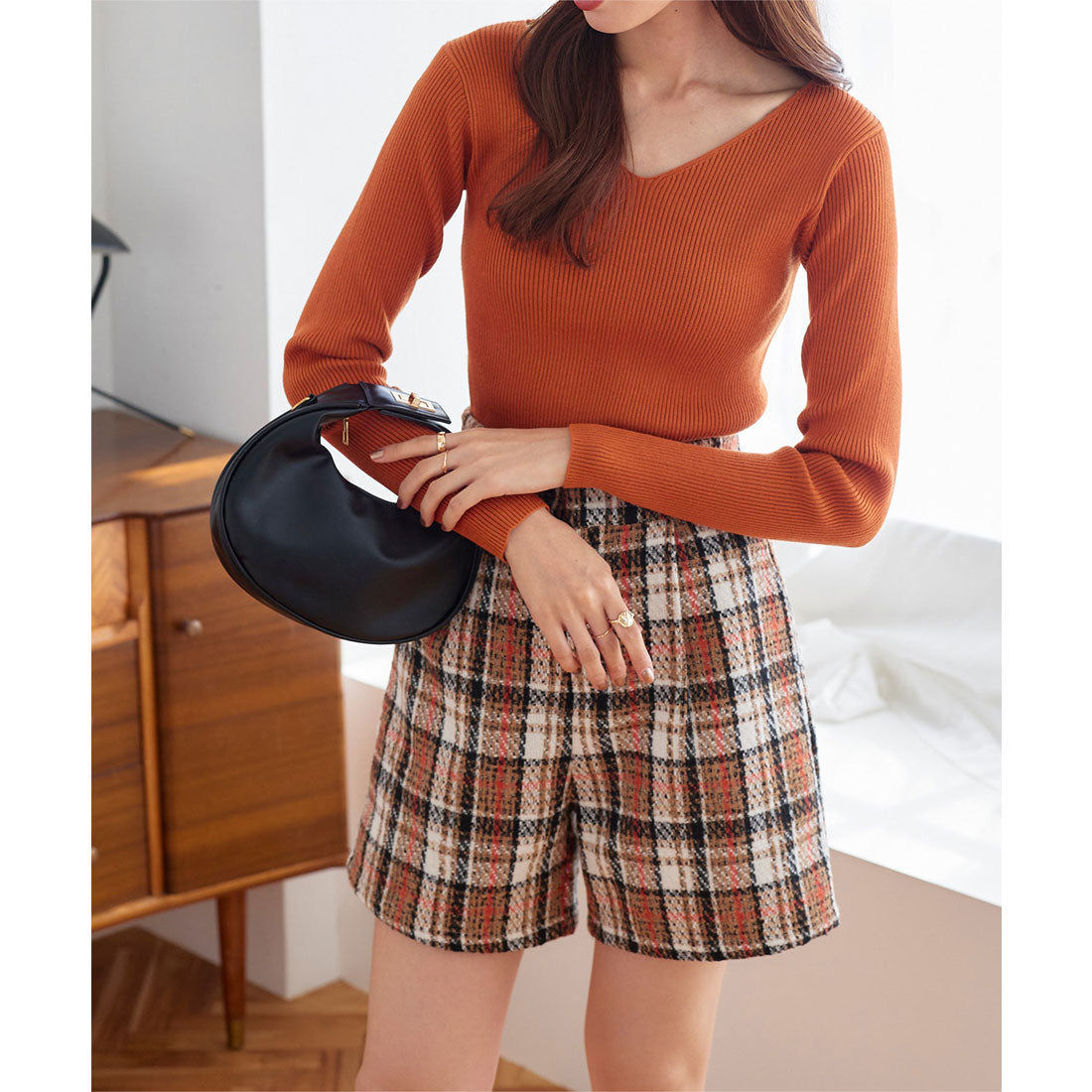 コウベレタス KOBE LETTUCE チェック柄ハイウエストショートパンツ [M3970] （アイボリー×ブラウン） アイボリー×ブラウン