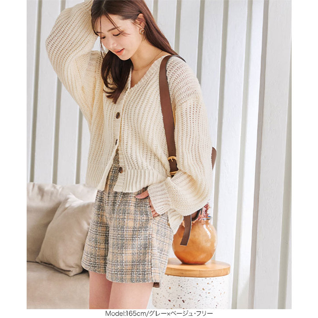 コウベレタス KOBE LETTUCE チェック柄ハイウエストショートパンツ [M3970] （アイボリー×ブラウン） アイボリー×ブラウン