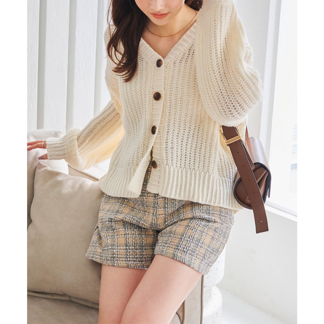 コウベレタス KOBE LETTUCE チェック柄ハイウエストショートパンツ [M3970] （グレー×ベージュ） グレー×ベージュ