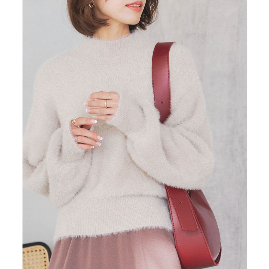 KOBE LETTUCE Volume sleeve mock neck shaggy knit top [C6853]