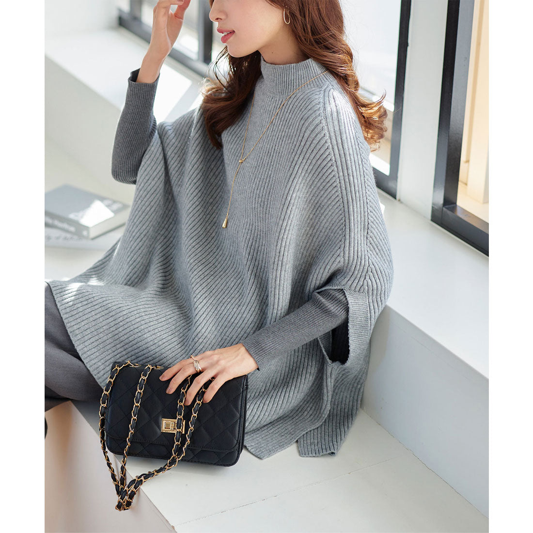 コウベレタス KOBE LETTUCE ポンチョ リブニットトップス [C6943],グレー