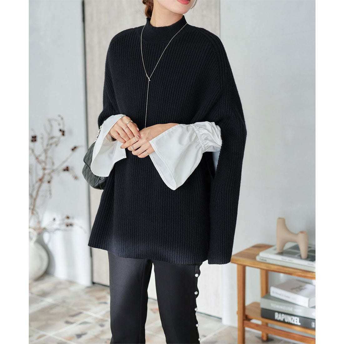 コウベレタス KOBE LETTUCE ポンチョ リブニットトップス [C6943],ブラック