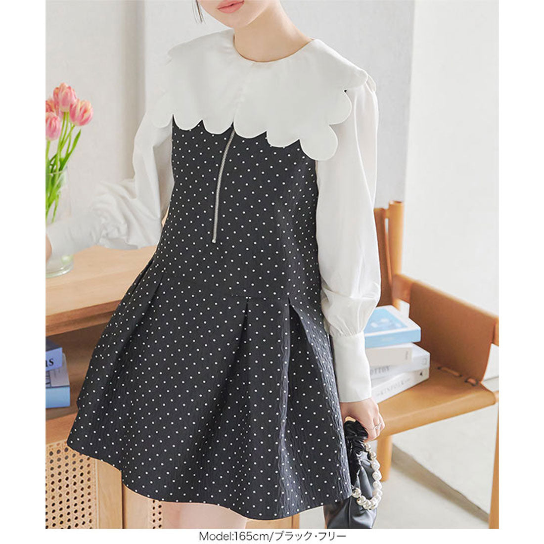 KOBE LETTUCE Polka dot jacquard zip jumper cap peplum dress [E3381]