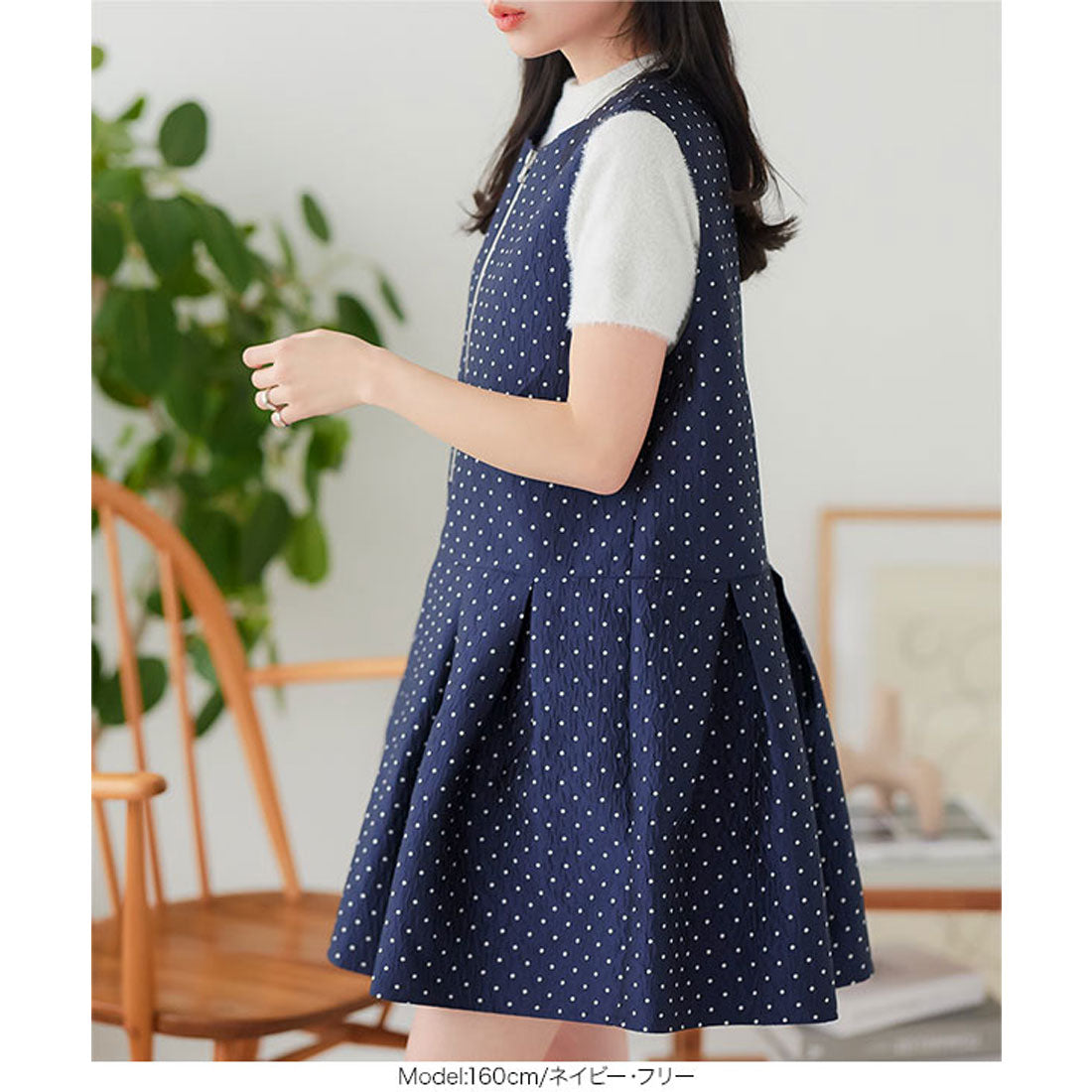KOBE LETTUCE Polka dot jacquard zip jumper cap peplum dress [E3381]