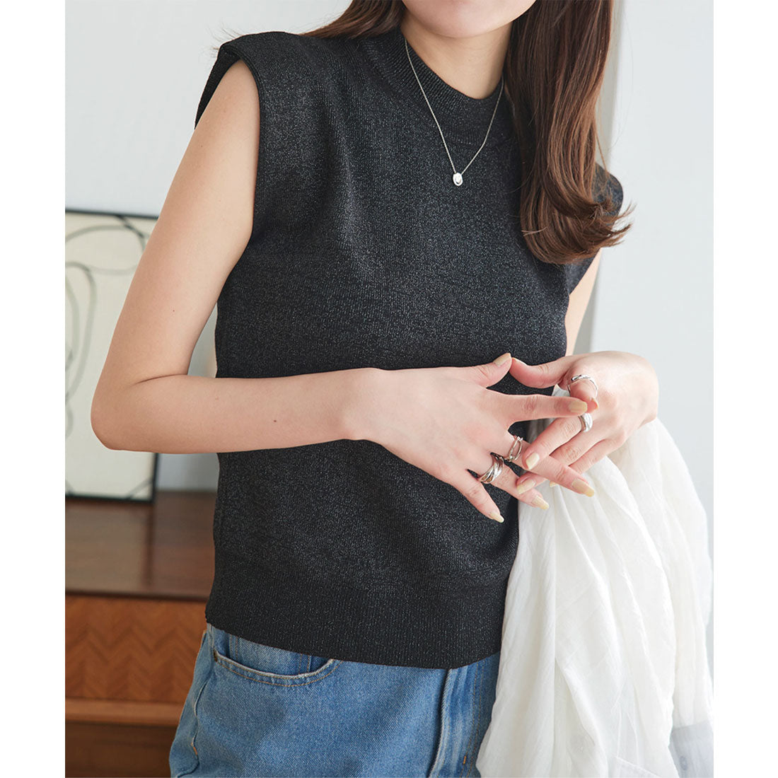 コウベレタス KOBE LETTUCE 二重スリーブモックネックニットトップス [C6610],ラメブラック