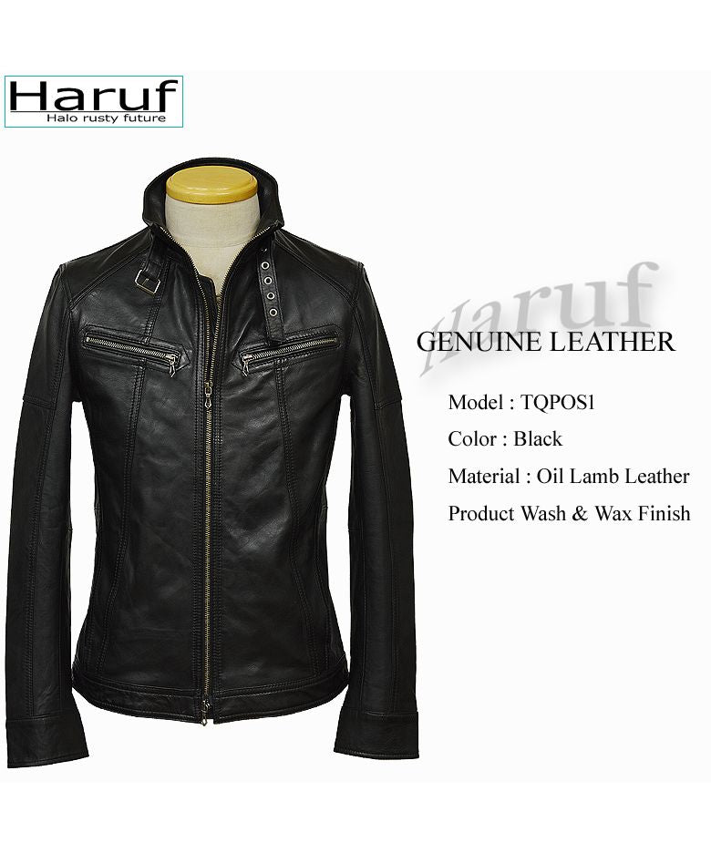 Hanuf ブラック レザージャケット Haruf Leather Jacket Riders Jacket Leather Jacket Men's Genuine Leathe